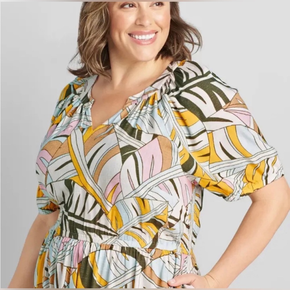 Lane Bryant Tropical Leaf Print Maxi Dress in Yellow, Pink, Olive, White